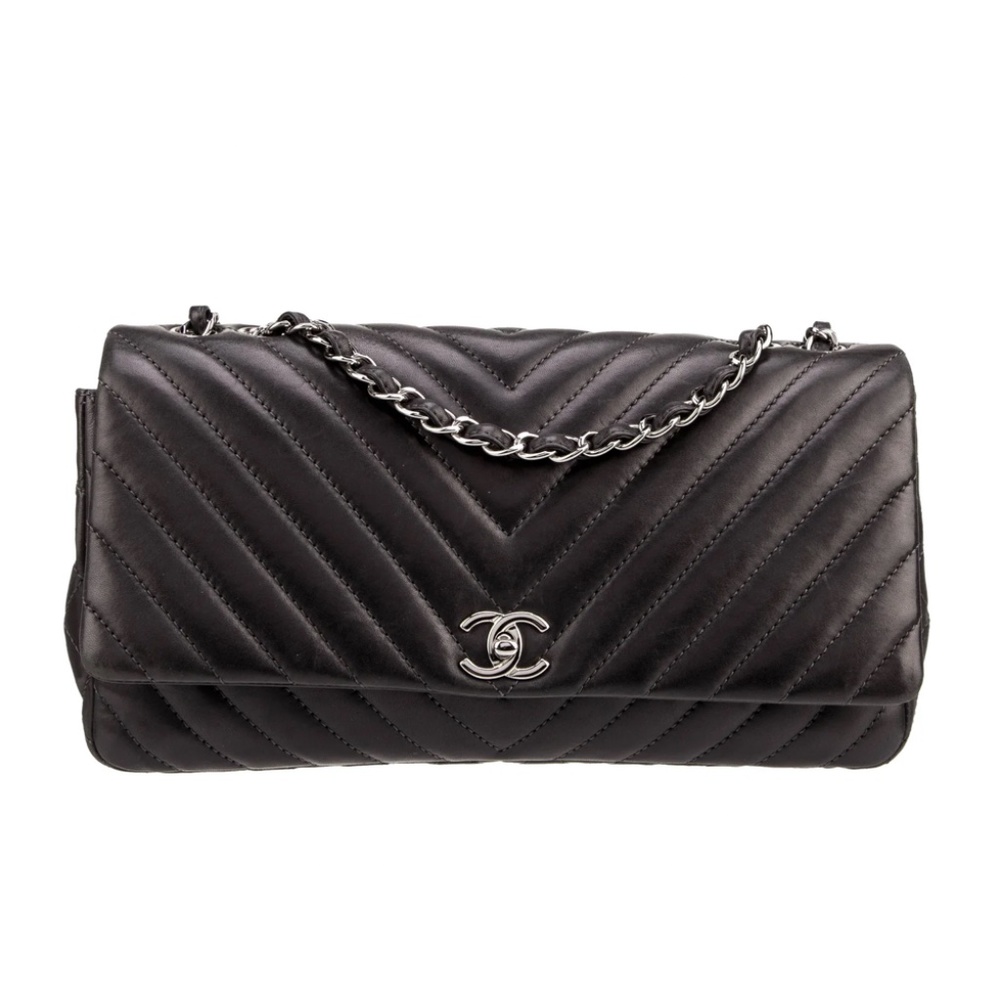 *SOLD* CHANEL Lambskin Surpique Chevron Quilted Single Flap Black - Picture 1 of 11